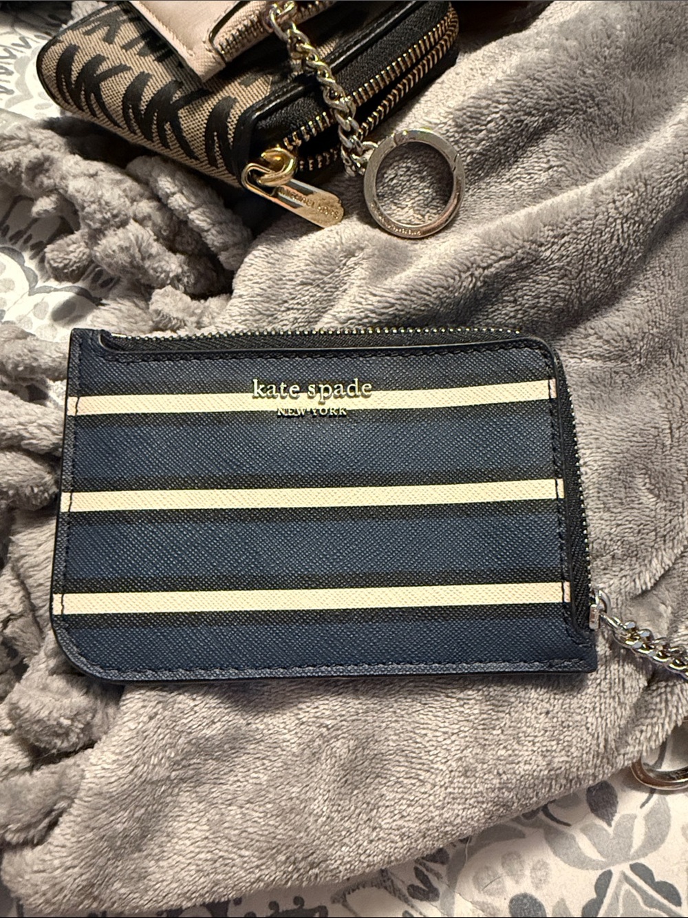 kate spade Navy and Cream Striped Zip Card Case